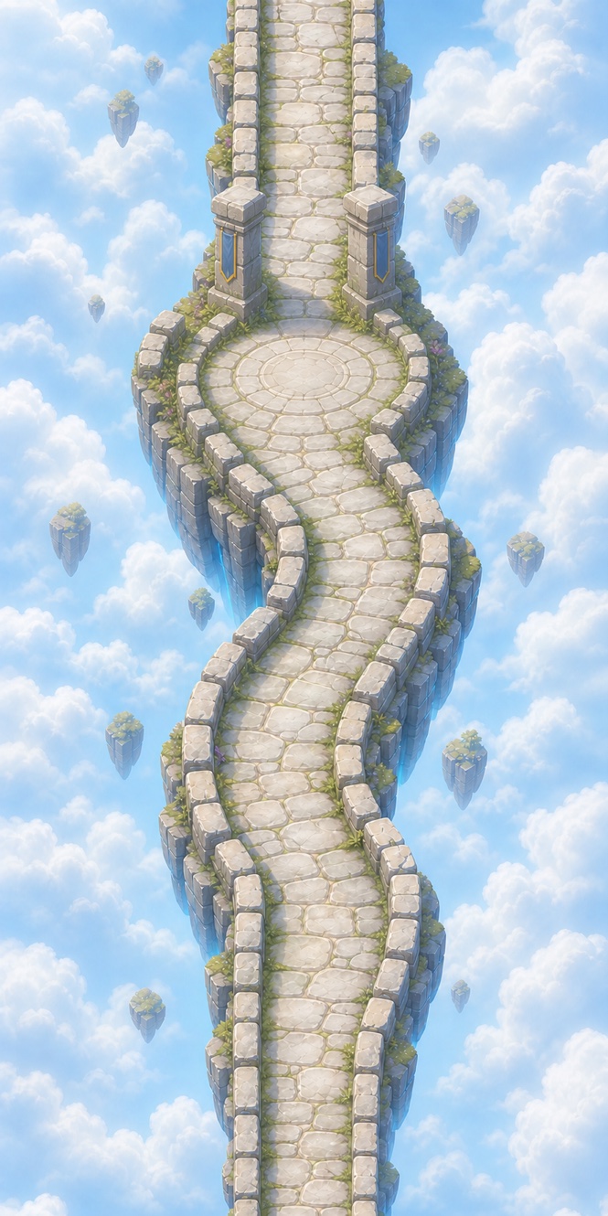 A floating stone path climbing through soft clouds