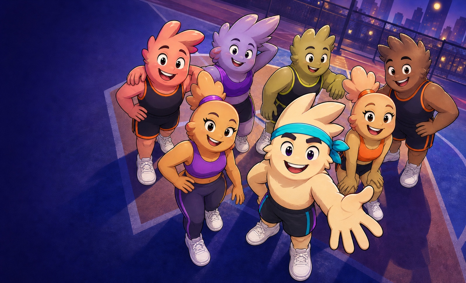 Buster reaching toward the viewer with six different mascot friends gathered after a workout