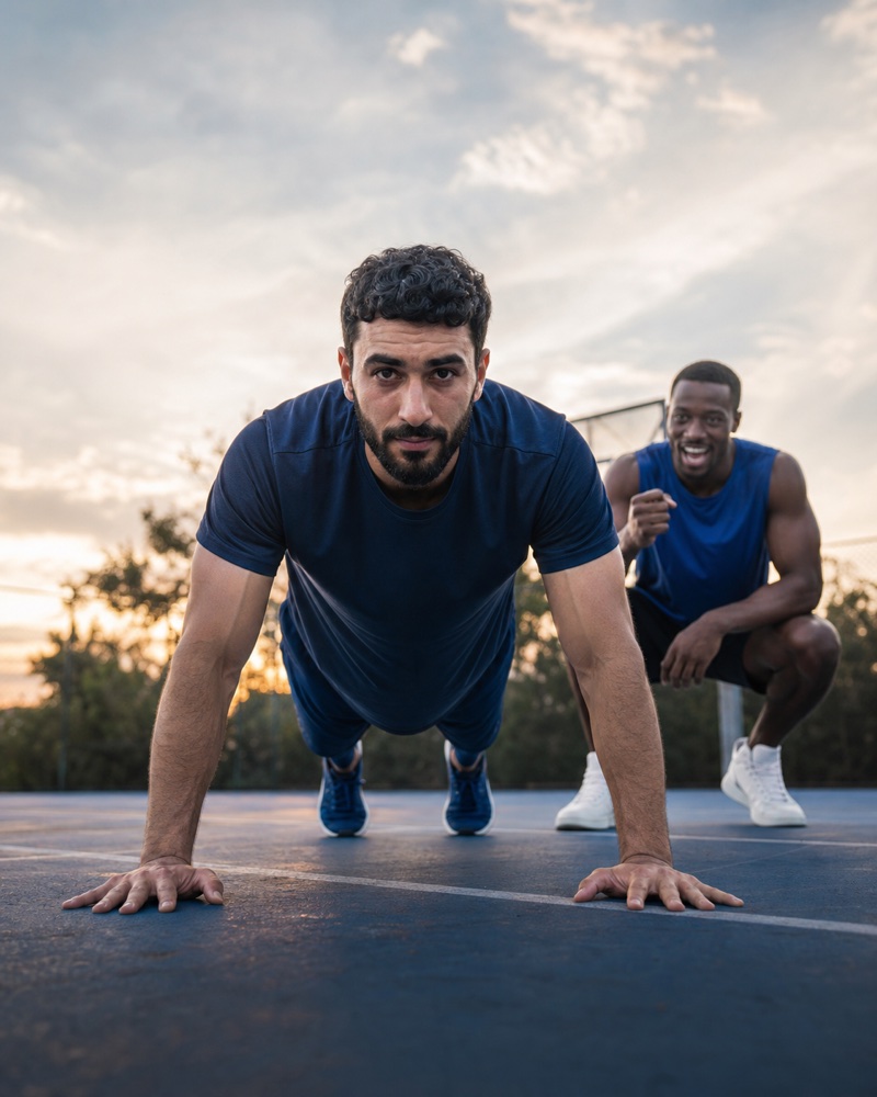 AI-generated front-camera view of two friends turning push-ups into a challenge on an outdoor basketball court