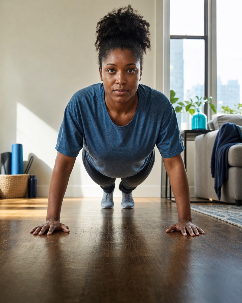 AI-generated front-camera view of a woman doing push-ups in a sunlit apartment