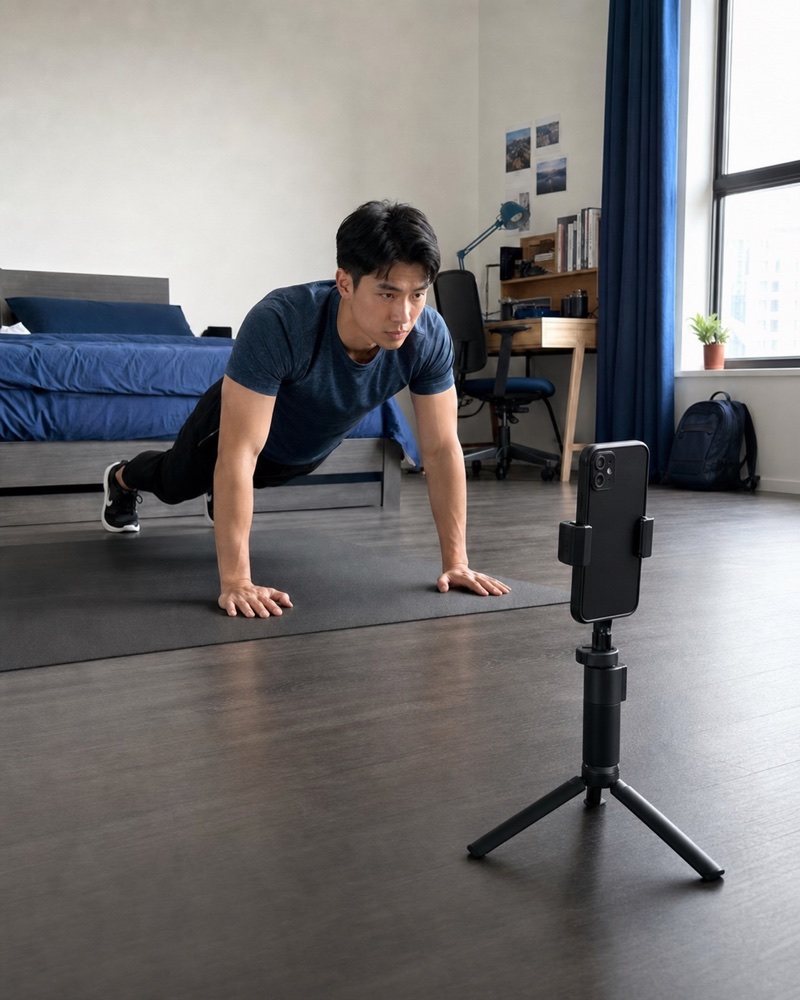 AI-generated scene of a student doing push-ups while a securely clamped phone is aimed toward his workout