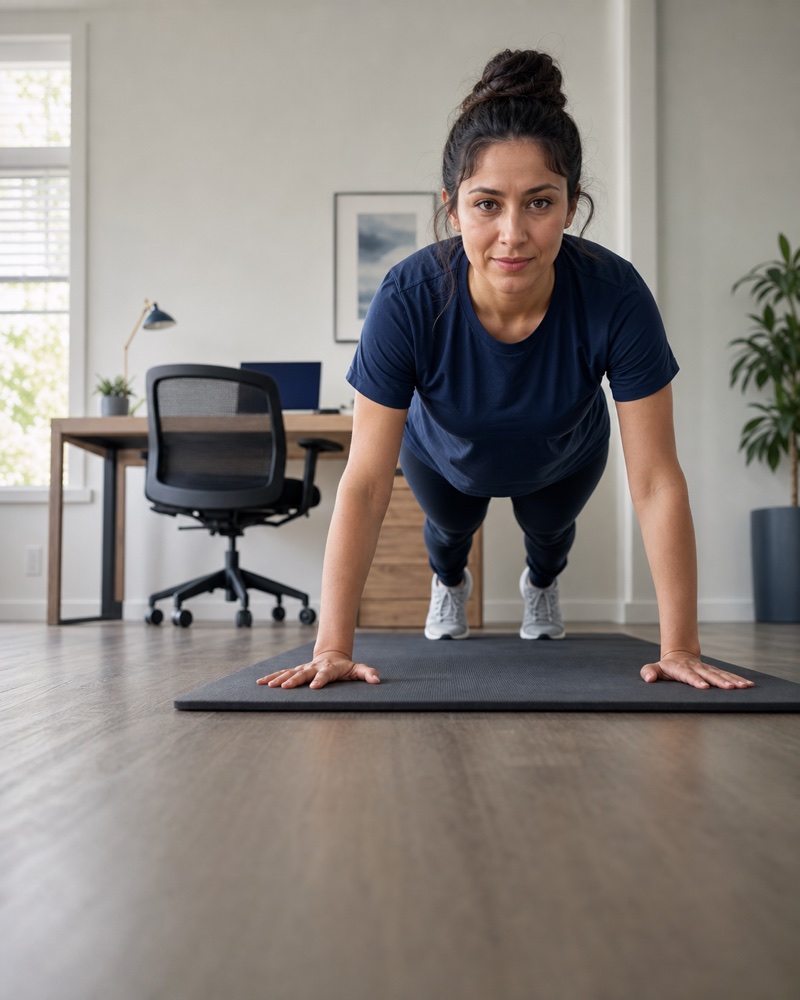 AI-generated front-camera view of a woman completing push-ups in a home office