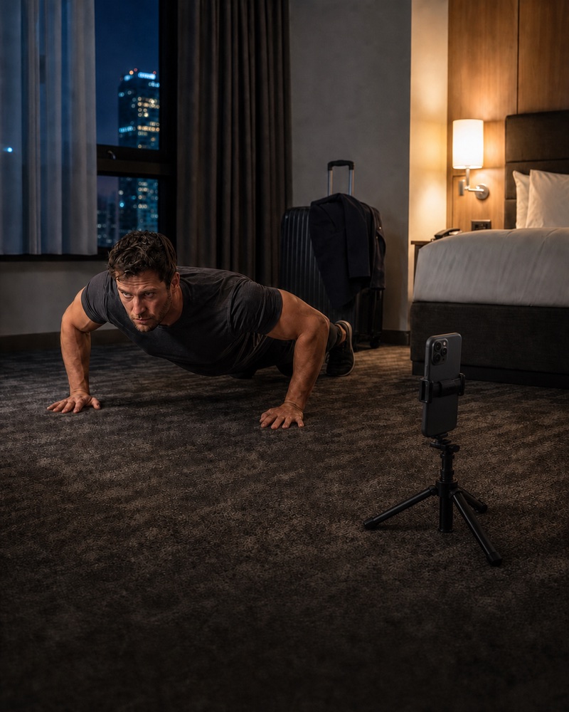 AI-generated hotel scene with a phone securely mounted and aimed toward a traveler's push-up position